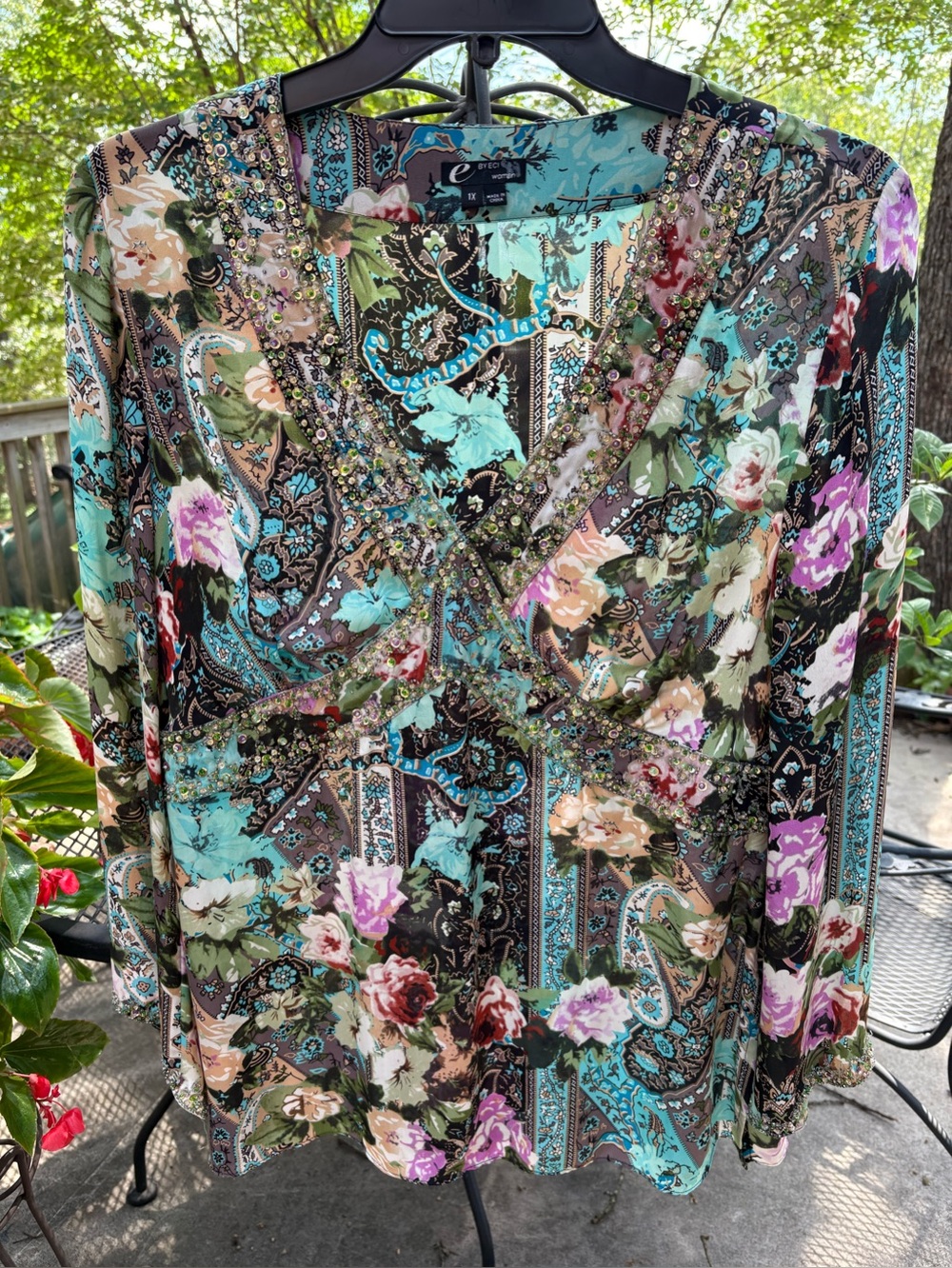 ECI Woman Teal, Black & Pink Floral Print Silk Top